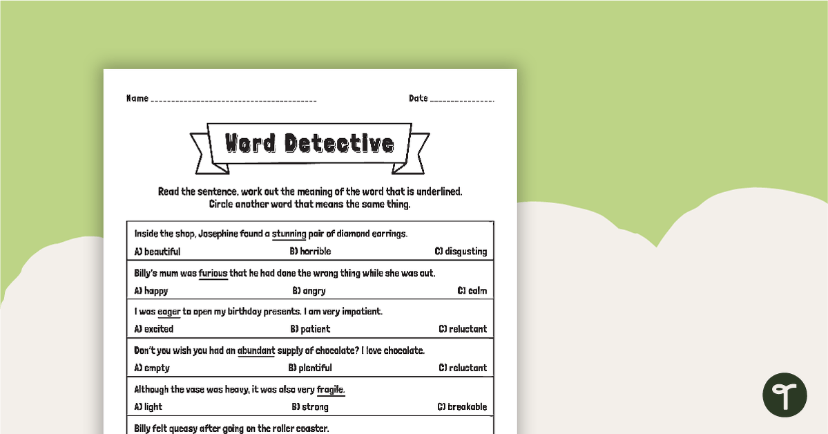 Finding Word Meaning In Context - Word Detective Worksheet teaching resource