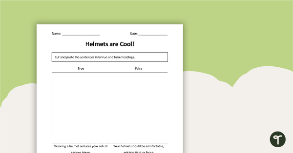 Go to Helmets Are Cool! - True or False Comprehension Worksheet teaching resource