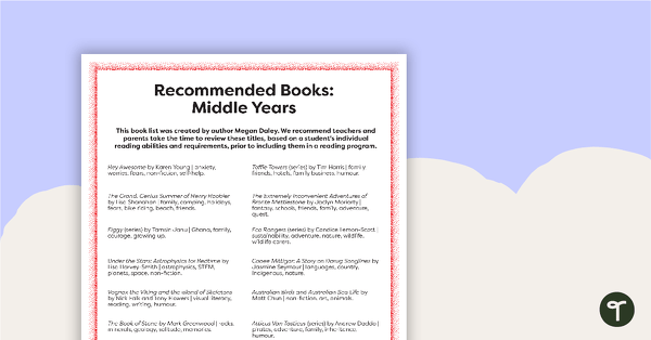 Preview image for Recommended Books: Middle Years - teaching resource