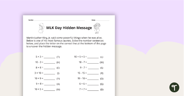 MLK Day Hidden Message - Lower Grades teaching resource