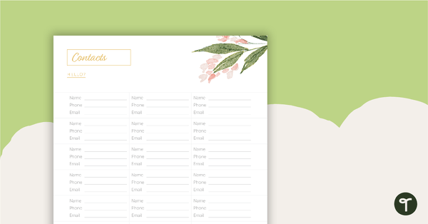 Blush Blooms Printable Teacher Diary - Contacts Page teaching resource