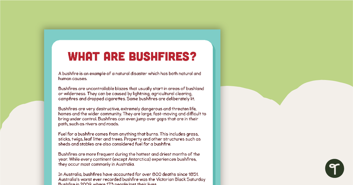 What are Bushfires? Comprehension Task teaching resource