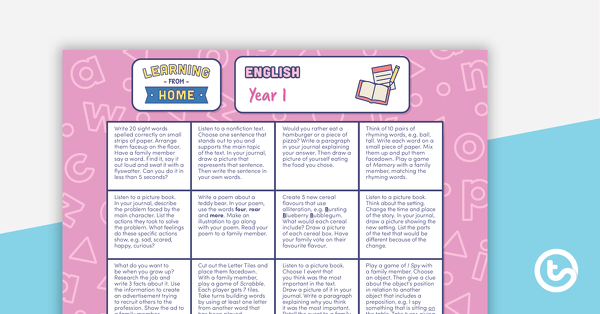 Year 1 – Week 4 Learning from Home Activity Grids teaching resource