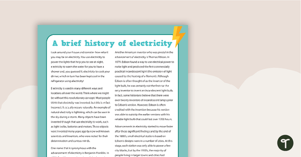 Go to Comprehension - A Brief History of Electricity teaching resource