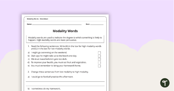 Modality Words Worksheet teaching resource