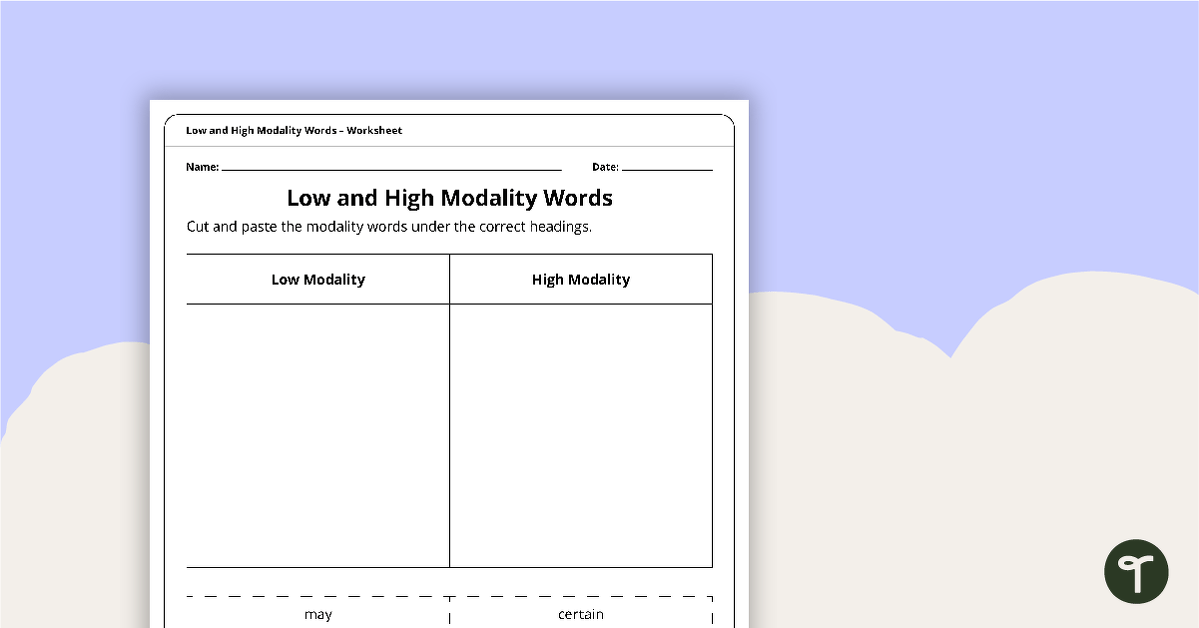 Low and High Modality Words – Worksheet teaching resource