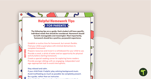 Go to Helpful Homework Tips for Parents Poster teaching resource
