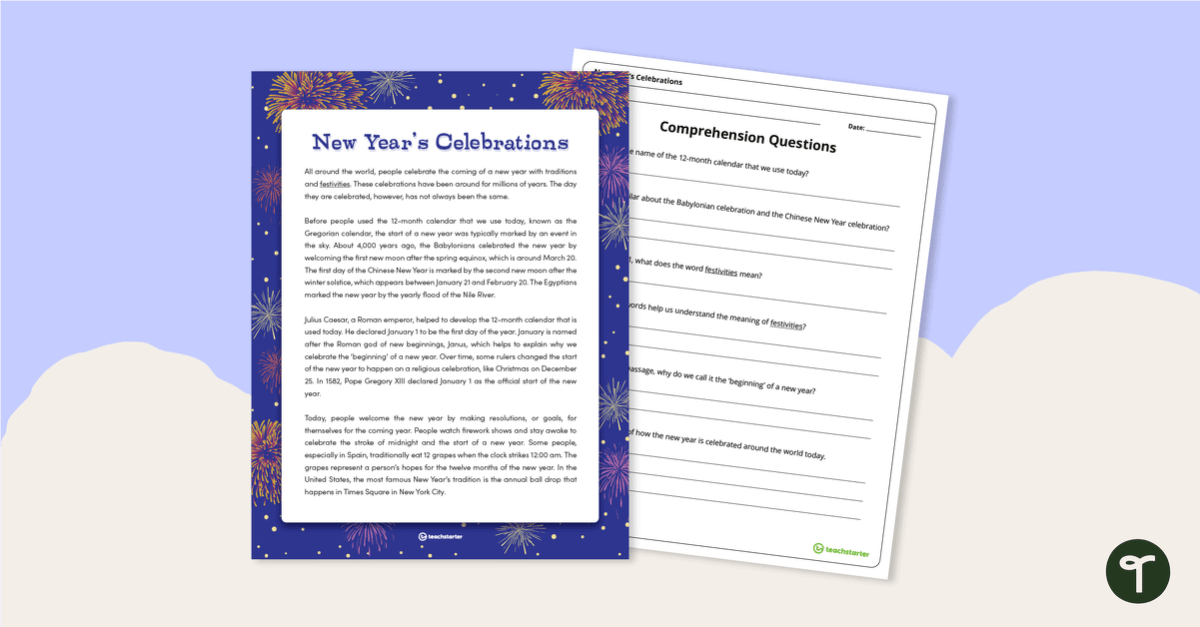New Year's Celebrations - Comprehension Worksheet teaching resource