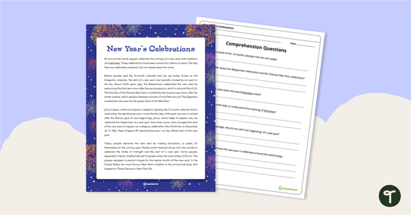 Preview image for New Year's Celebrations - Comprehension Worksheet - teaching resource
