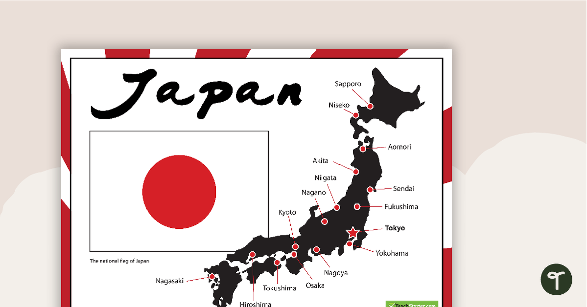 Japanese Flag and Map of Major Cities teaching resource