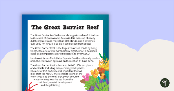 Great Barrier Reef - Comprehension and Note Taking Worksheet teaching resource