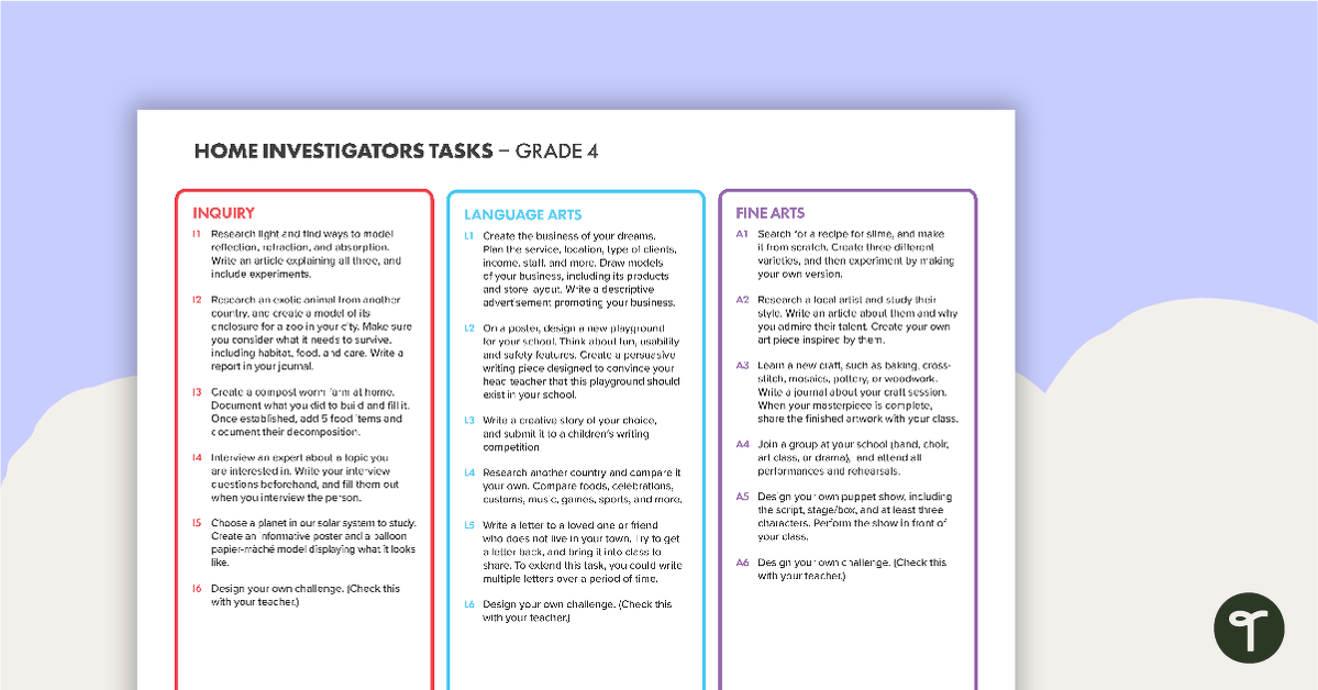 Home Investigators Inquiry Tasks - Grade 4 teaching resource