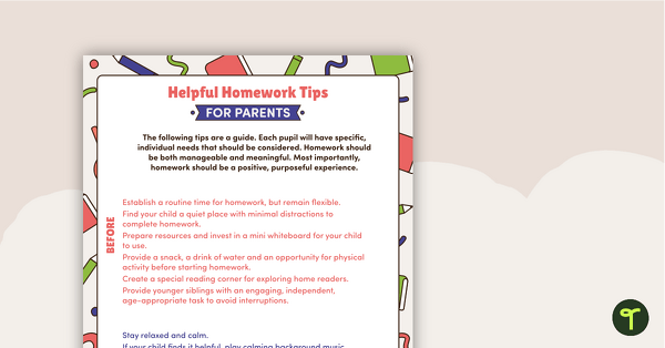 Helpful Homework Tips for Parents Poster teaching resource