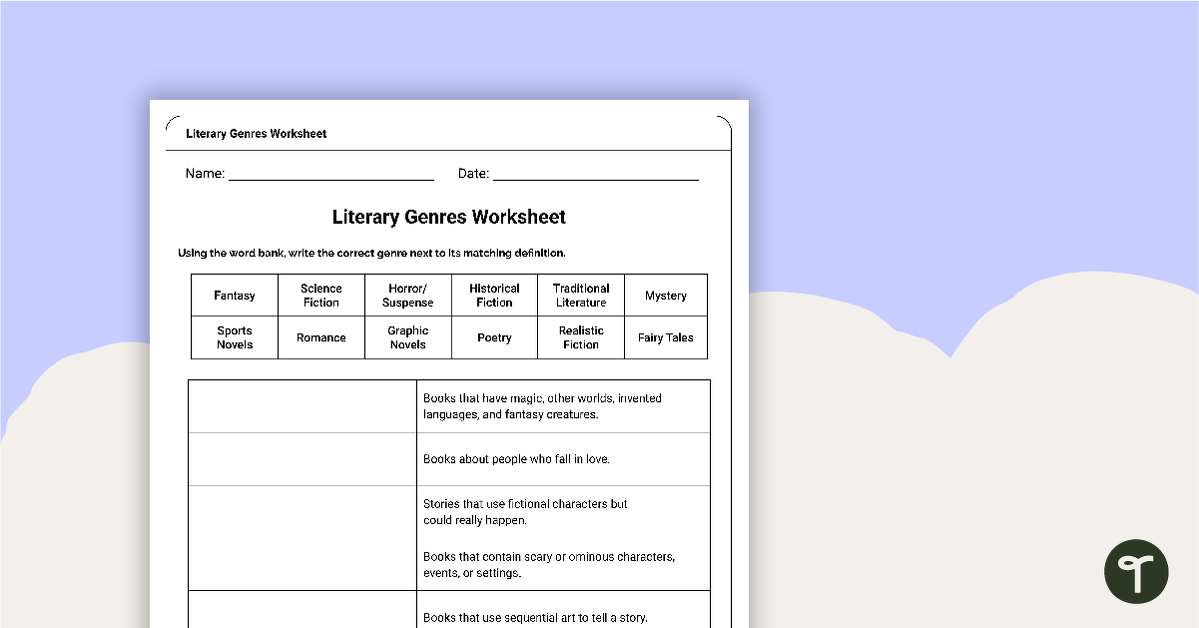 Literary Genres Worksheet teaching resource
