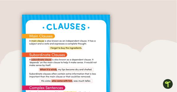 Go to Main Clauses and Subordinate Clauses Poster teaching resource