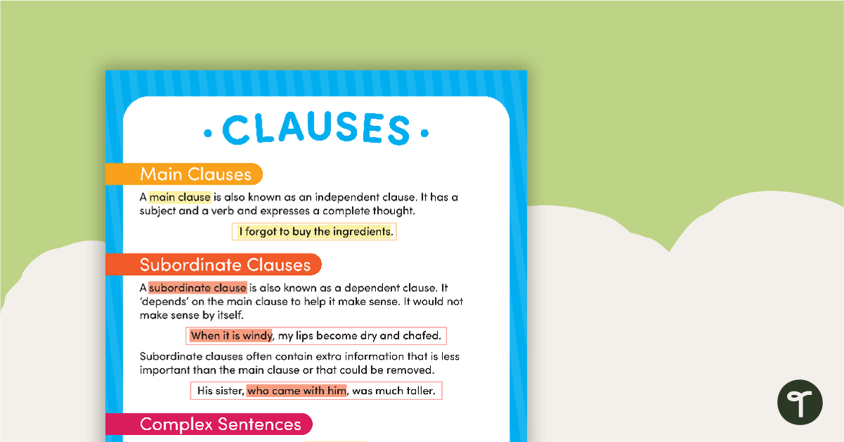 Main Clauses and Subordinate Clauses Poster teaching resource