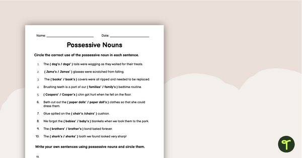 possessive nouns worksheet teach starter