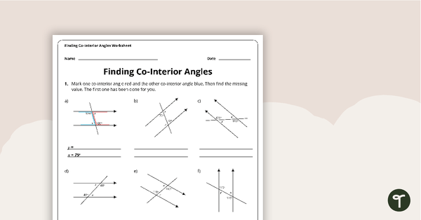 Finding Co-Interior Angles Worksheet teaching resource