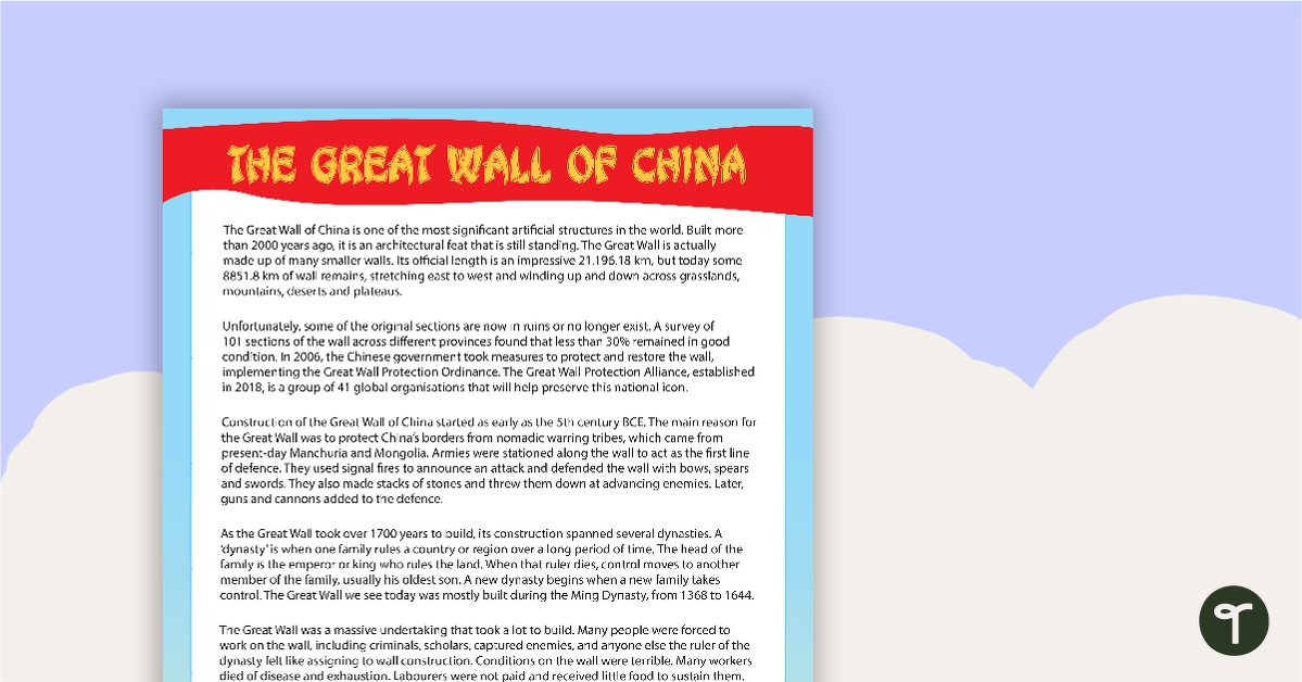 Comprehension - The Great Wall of China teaching resource