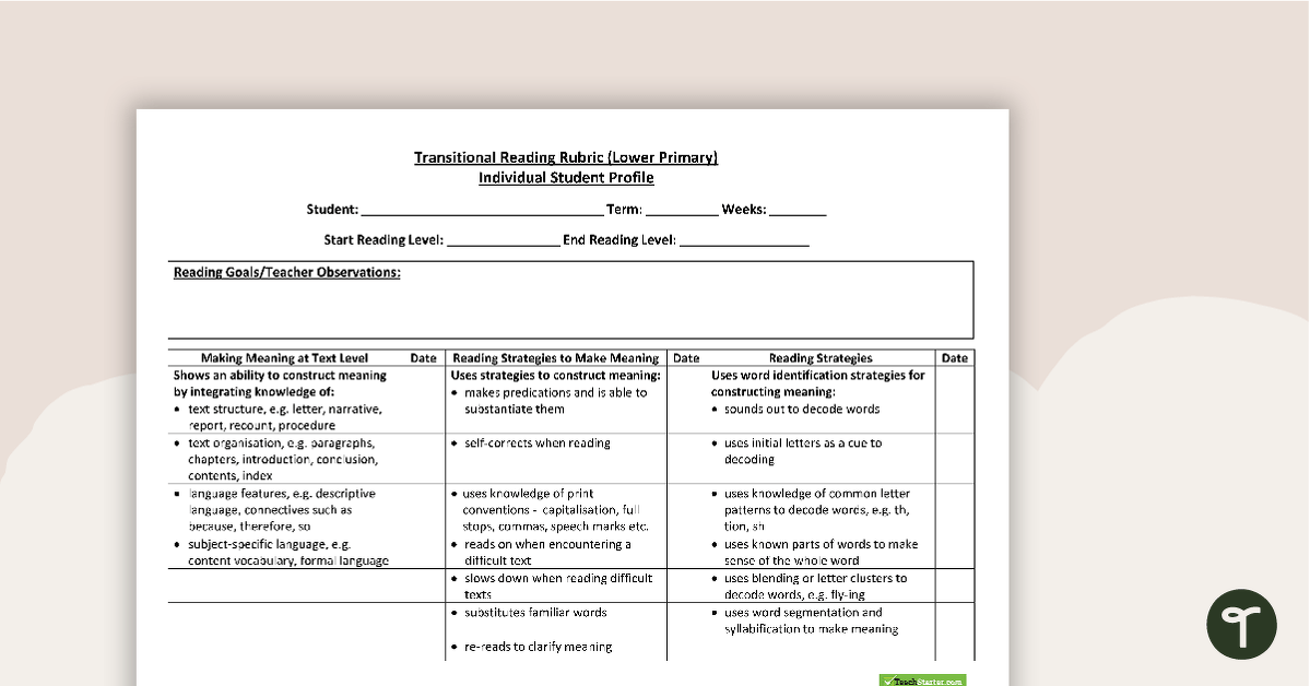 Transitional Reading Rubric (Lower Primary) teaching resource