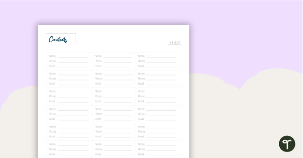 Inspire Printable Teacher Planner – Contacts Page teaching resource