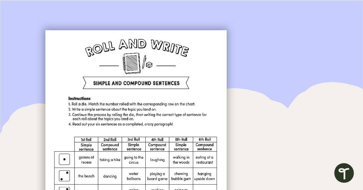 Roll and Write -  Simple and Compound Sentences teaching resource