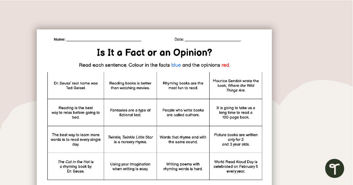 Is It a Fact or an Opinion? - Worksheet teaching resource