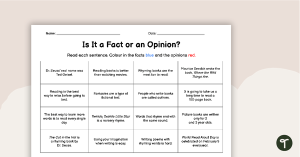 Is It a Fact or an Opinion? - Worksheet | Teach Starter