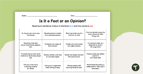Go to Is It a Fact or an Opinion? - Worksheet teaching resource