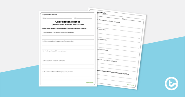 Capitalization Worksheet - Months, Days, Holidays, Titles, Places teaching resource