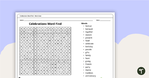 Go to Celebrations Word Find – Worksheet teaching resource