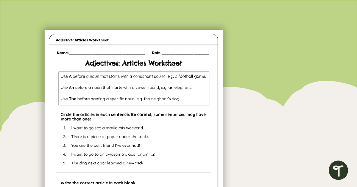 Adjectives: Articles Worksheet teaching resource