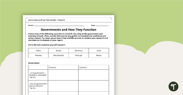 Go to Governments and How They Function – Worksheet teaching resource