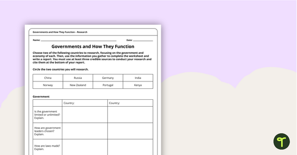 Preview image for Governments and How They Function – Worksheet - teaching resource