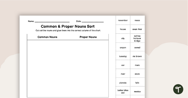 Go to Common and Proper Nouns Sort - Cut and Paste Worksheet teaching resource