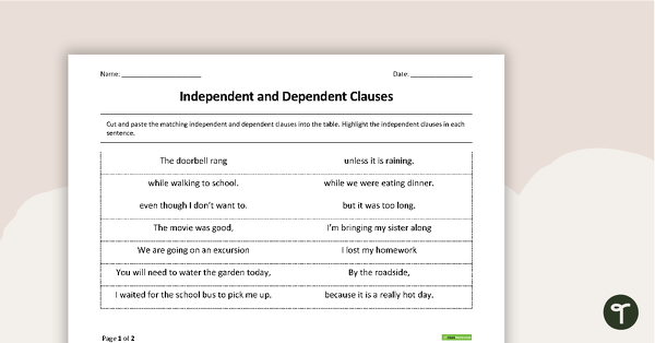 Go to Independent and Dependent Clauses Worksheet Pack teaching resource