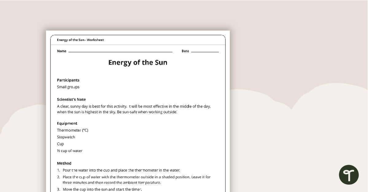 Energy of the Sun Worksheet teaching resource
