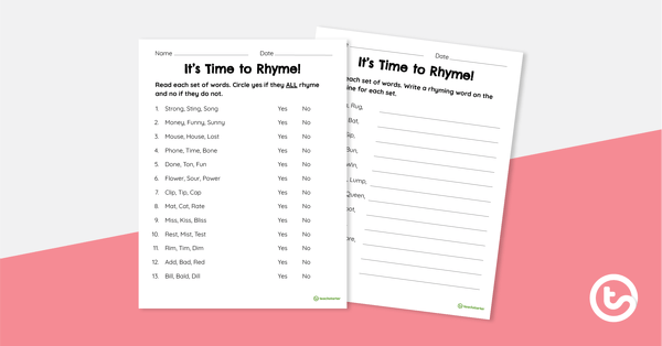 It's Time to Rhyme! - Practice Worksheet teaching resource