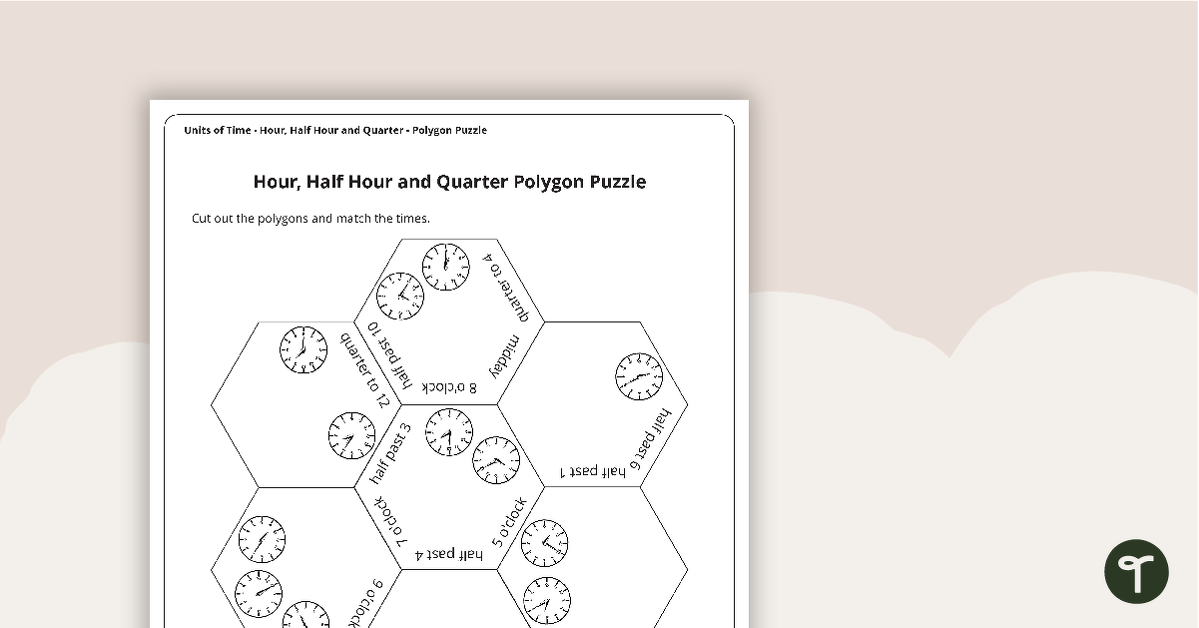 Hour, Half Hour and Quarter Analogue Time Polygon Puzzle teaching resource