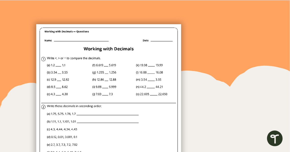 Decimals Worksheet - Comparing and Ordering teaching resource