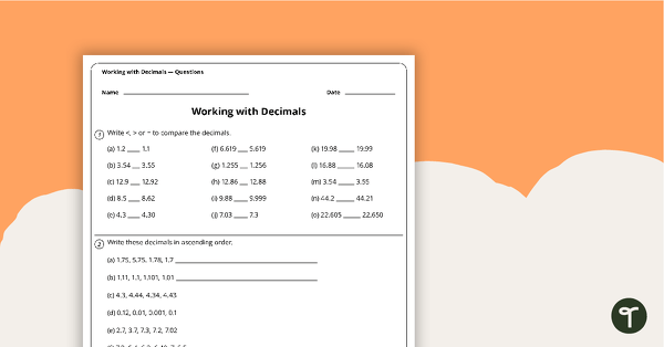 Decimals Worksheet - Comparing and Ordering teaching resource