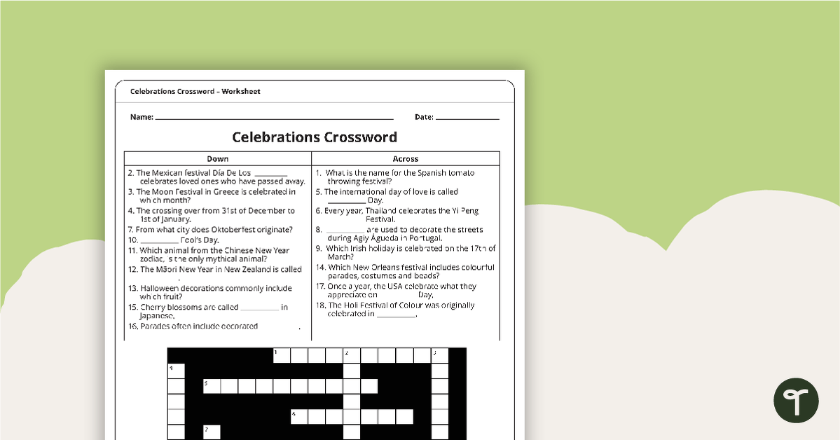 Celebrations Crossword Puzzle Worksheet Teach Starter
