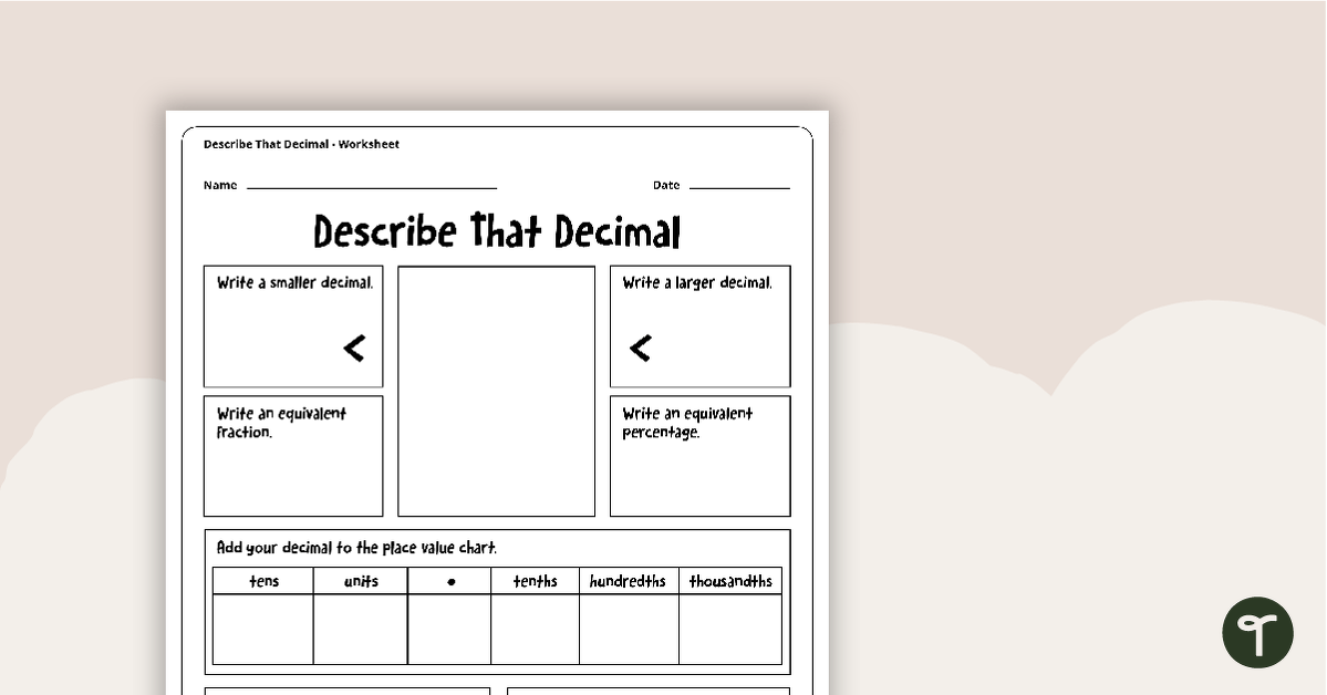 Describe That Decimal Worksheet teaching resource