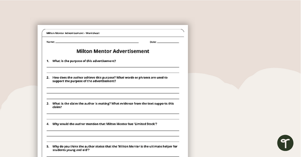 Advertisement Worksheet – Milton Mentor teaching resource