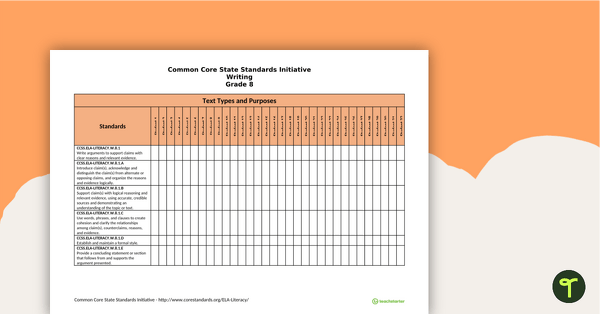 Common Core State Standards Progression Trackers - Grade 8 - Writing teaching resource