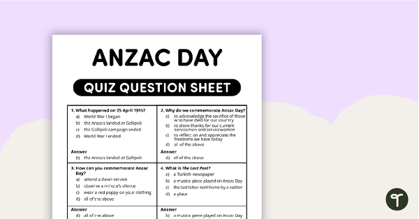 Go to Anzac Day Multiple Choice Quiz teaching resource