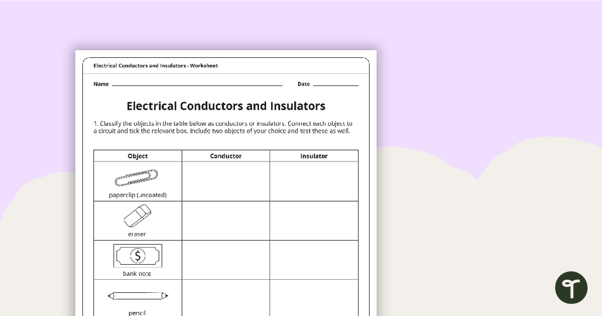 Electrical Conductors and Insulators Worksheet teaching resource