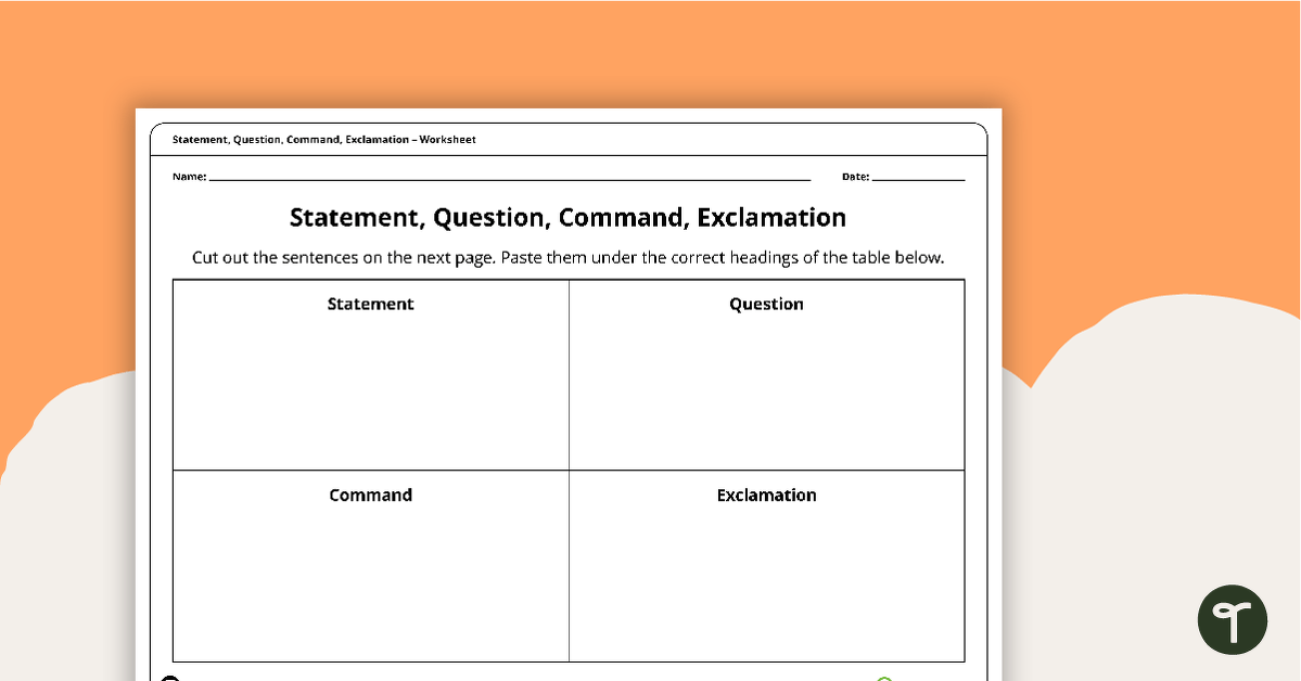 Statement, Question, Command, Exclamation – Cut and Paste Worksheet teaching resource