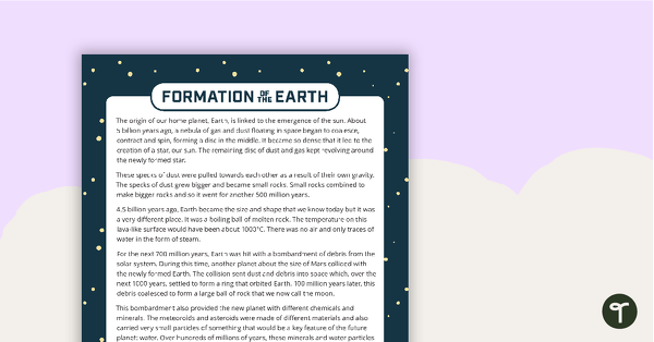 Formation of Earth - Reading Comprehension Worksheet teaching resource