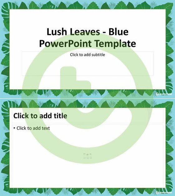 郁郁葱葱的叶子的预览图像蓝色 -  PowerPoint模板 - 教学资源